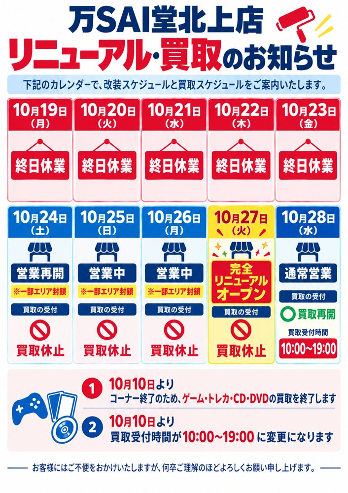 万SAI堂 北上店が10月27日にリニューアル！クレーンゲームコーナーを強化、19日〜23日は休業