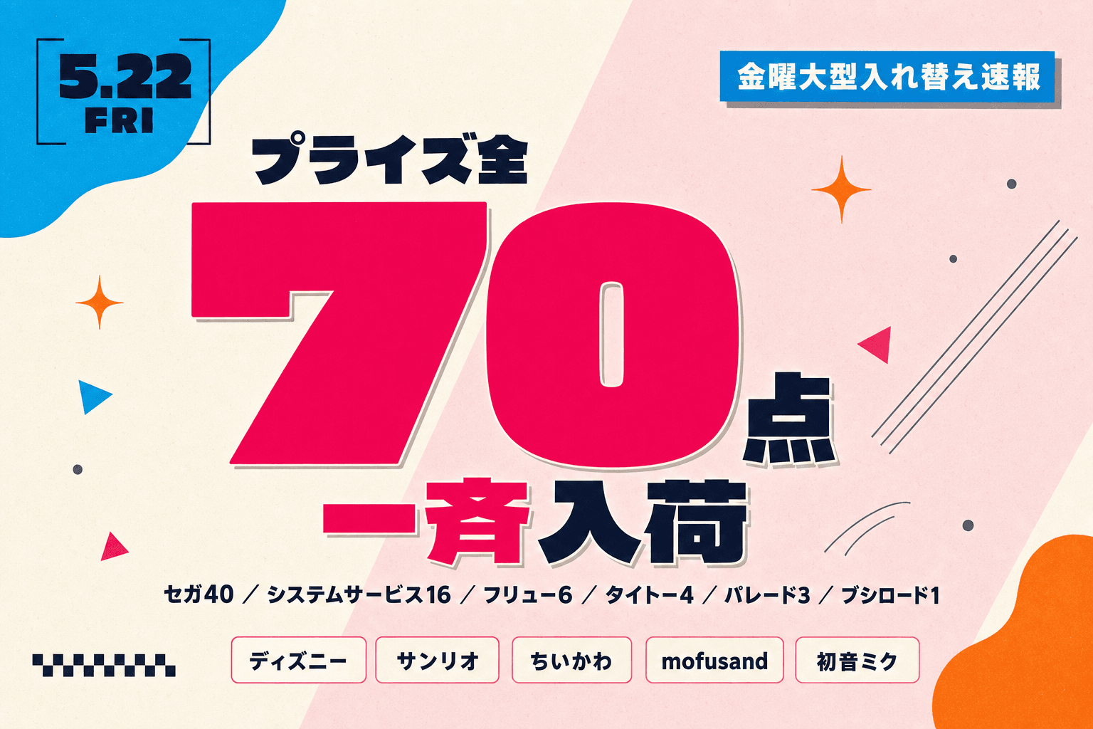 【金曜大型入れ替え速報】2026年5月22日プライズ全70点入荷｜セガ40・SS16・フリュー6他