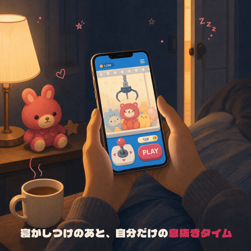 寝かしつけのあと、ベッドサイドの灯りの下でスマホでオンクレを楽しむパパママの息抜きタイム