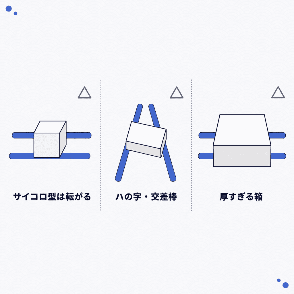 縦ハメが向かない代表的なケースの図解。サイコロ状（正方形）の箱・棒が「ハの字」状に配置・厚みが極端にある箱の3パターンを示している