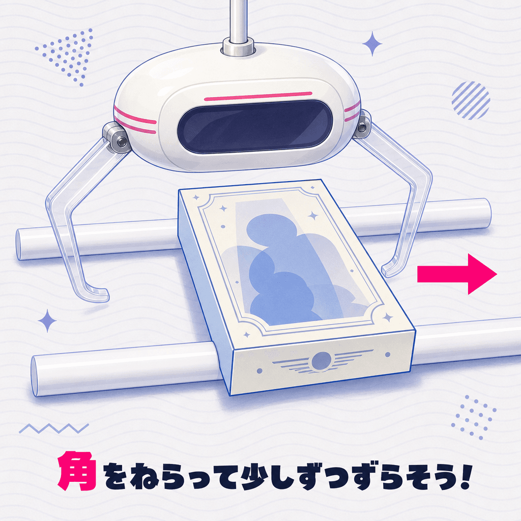 橋渡し設定の俯瞰図解。プレイヤーから見て前後に並ぶ2本の棒の上に箱型の景品が渡っており、棒からはみ出している側の角に上からアームの矢印が向かっている