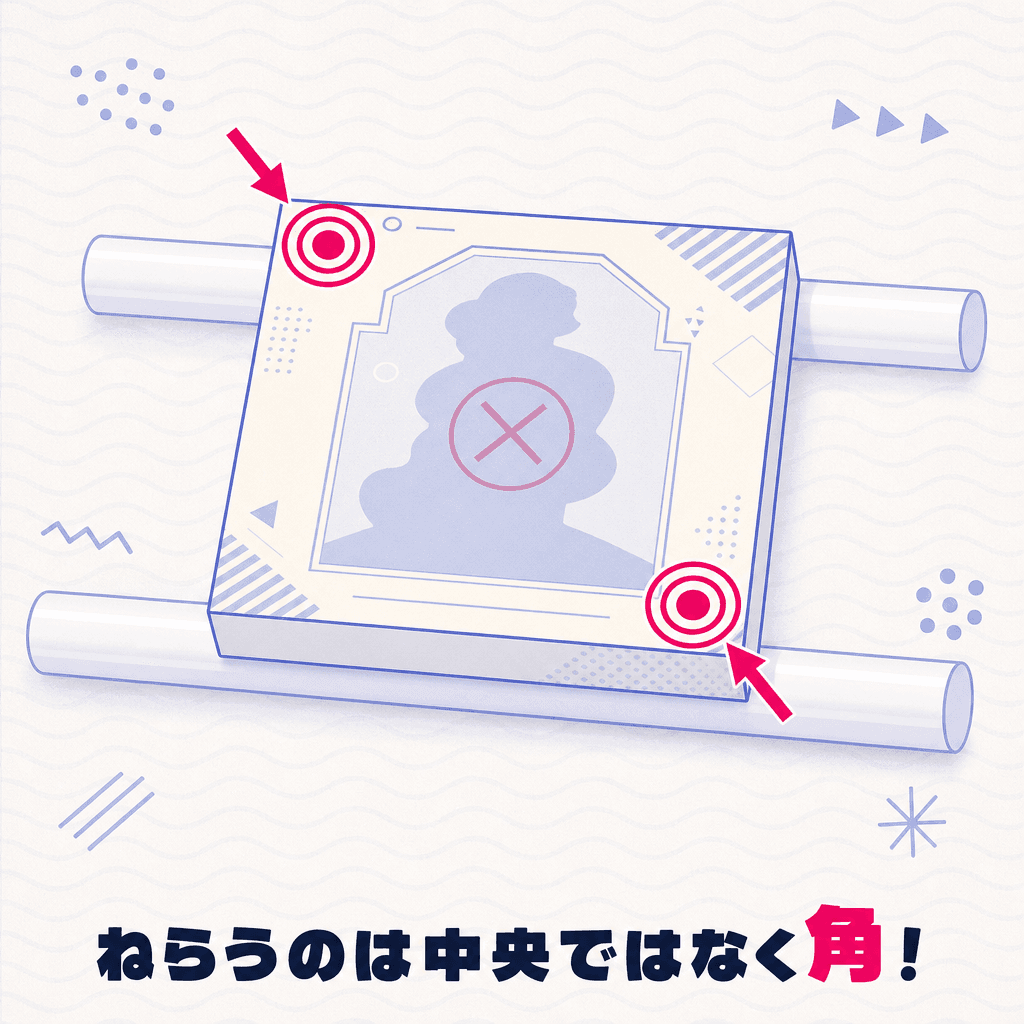 橋渡し攻略における狙い位置の図解。箱の中心に「中央NG」、左右の角に「狙い◎」のマーカーが置かれ、上から矢印で正しい狙い位置を示している