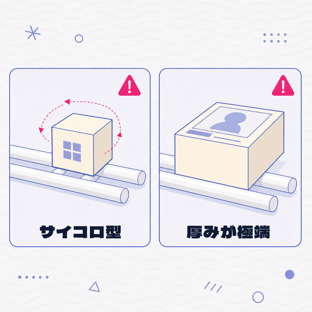 橋渡しで狙いにくい景品・設定の図解。サイコロ状の正方形の景品と、極端に厚みのある景品の2つを横並びで示している