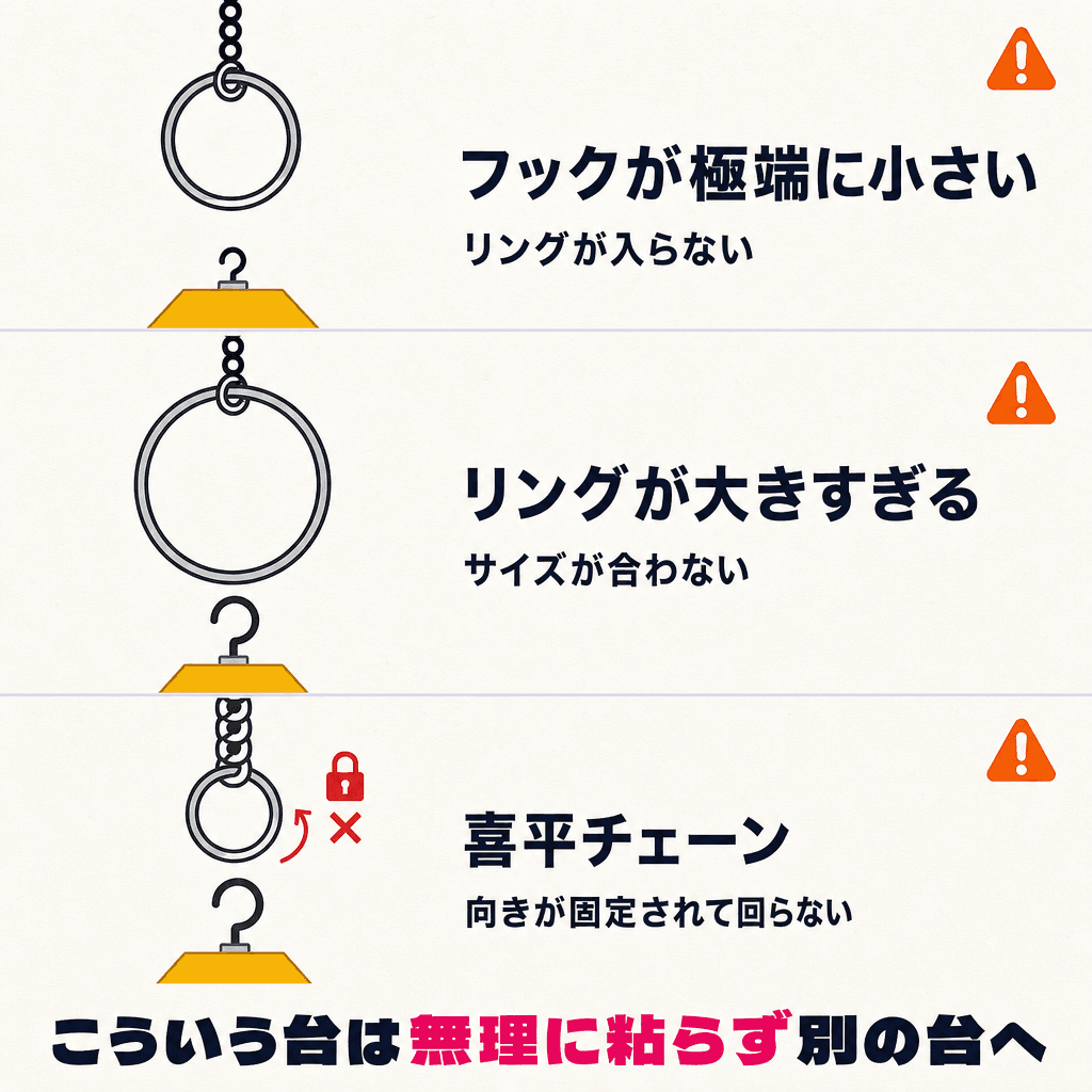 運要素が大きいフック設定の3パターンNG比較図。① フックが極端に小さく開きが狭い・リングが入らない ② リングがフックに対して大きすぎる ③ 喜平チェーンで向きが固定されたタイプ